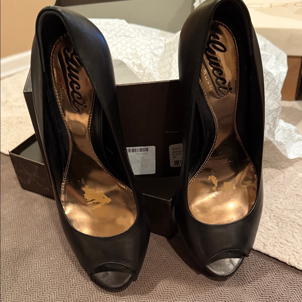 Gucci Black Leather Peep Toe Platform Heels